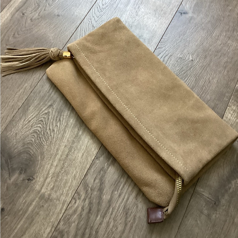 Tan C Woner Suede Clutch with Tassel